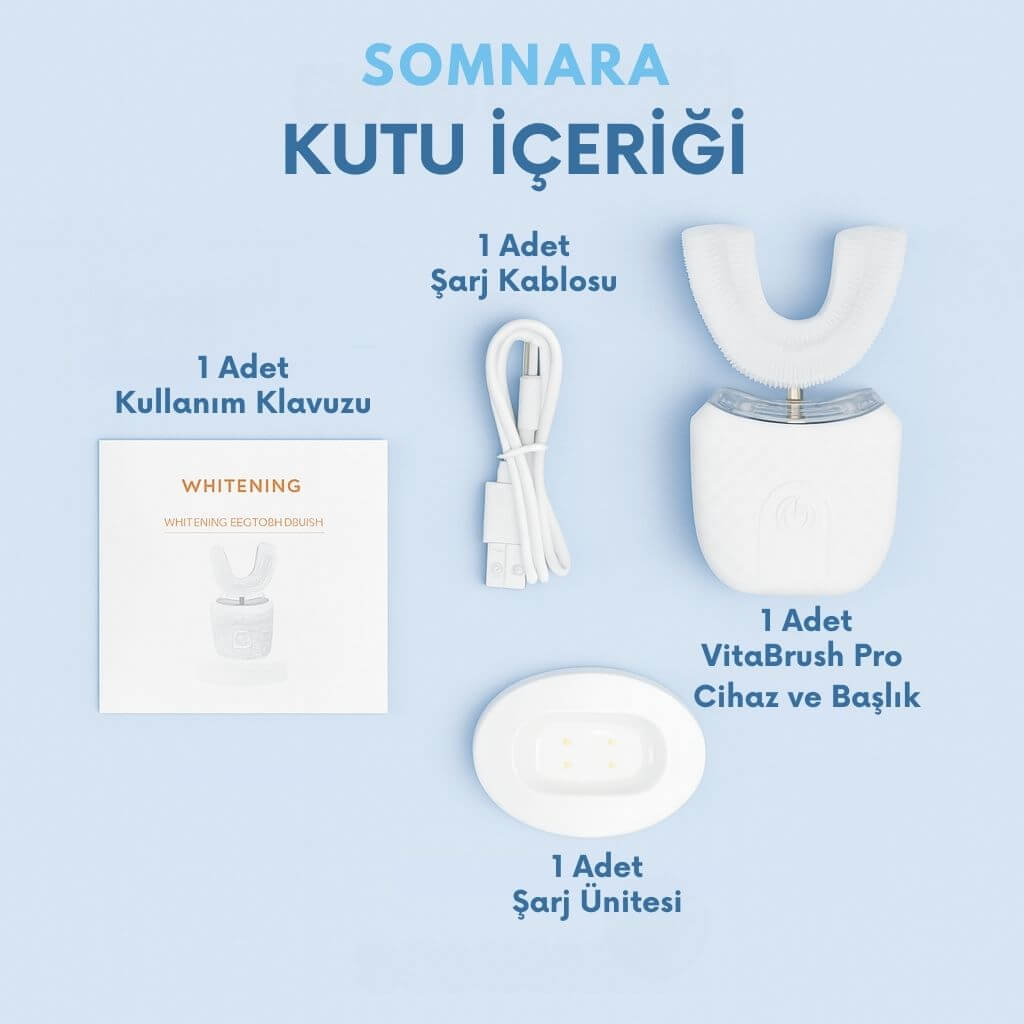 Somnara Kutu İçeriği: VitaBrush Pro, şarj kablosu, kullanıcı kılavuzu ve şarj ünitesi.